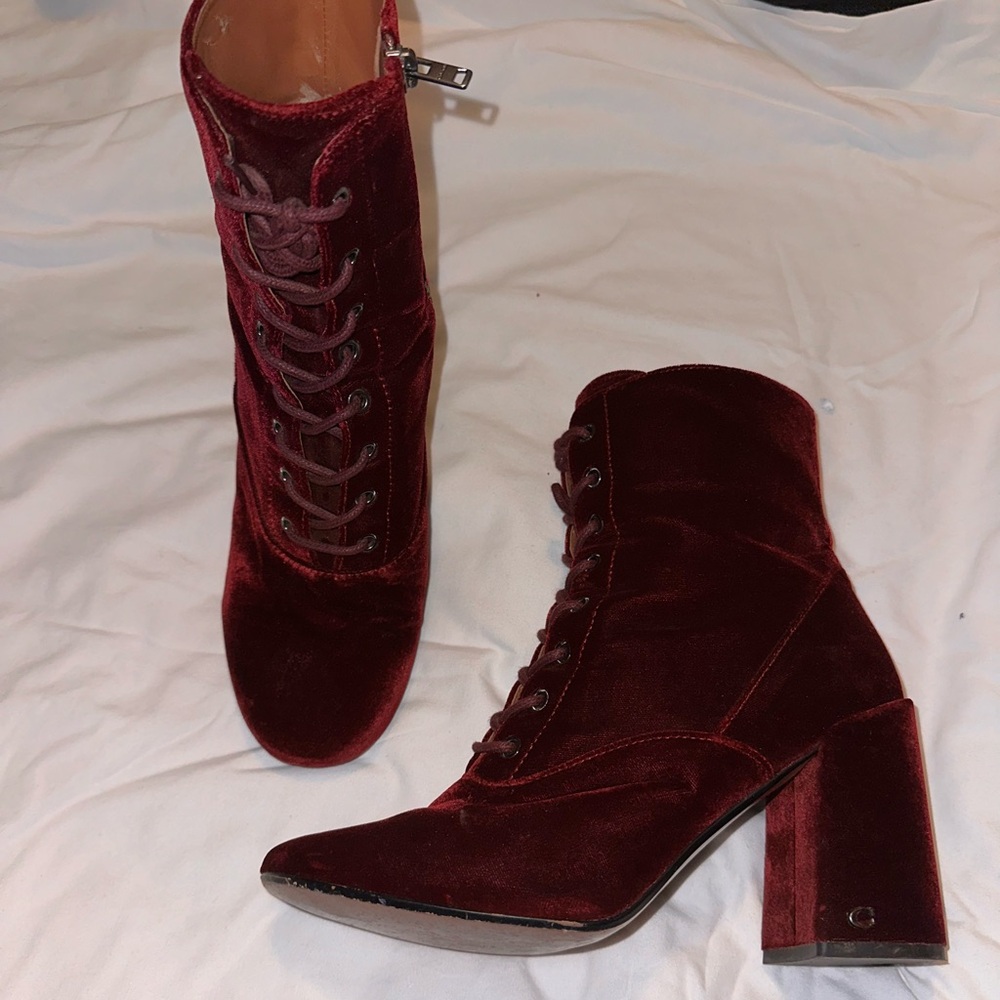 Coach Burgundy Velvet Lace-Up Block Heel Boots - Picture 5 of 5